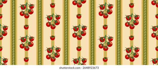 Red fresh ripe tomatoes on vine seamless pattern with hand drawn decorative, ornamental  floral leaves vertical striped on a beige backdrop, perfect for culinary, textile, graphic, wrapping design