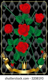 Red fresh roses with a gold banner and a gold crown on a black background