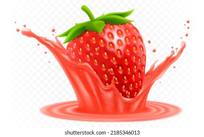 Red fresh strawberry in a splash of juice or yogurt. Fresh berry falls into the juice. 3d realistic vector illustration, isolated on white background. Sweet food. Organic fruit.