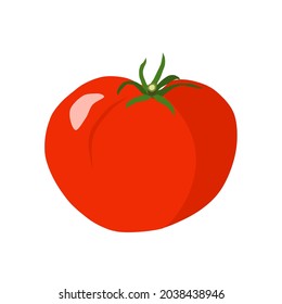 Red fresh tomato with green leaves. Isolated on white background
