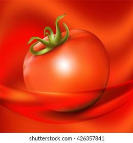 Red fresh tomato on abstract red background. Vector illustration.