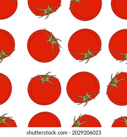 Rotes frisches Tomatenmuster. Design für Verpackungspapier, Textilien, Hintergrundbelag, Vektorgrafik.