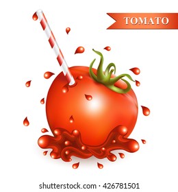Red fresh tomato with straw on white background. Vector illustration.