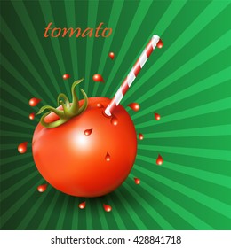Red fresh tomato with straw on green background. Vector illustration.