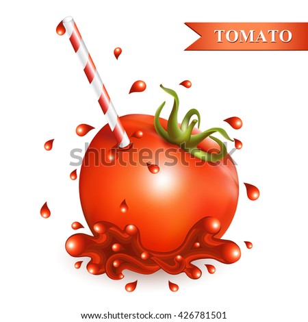 Red fresh tomato with straw on white background. Vector illustration.
