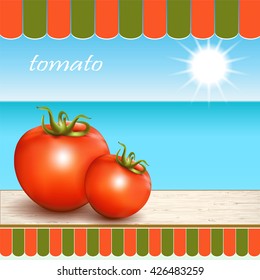 Red fresh tomatoes on the table by the window. Vector illustration.