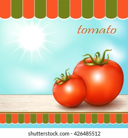 Red fresh tomatoes on the table by the window. Vector illustration.