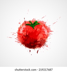 Red fresh watercolor splash stained tomato isolated on white background vector illustration