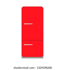 Red fridge fresh domestic electric freezer furniture icebox. Refrigerator front view vector flat icon