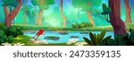 Red frog back view jump near lake in forest with green trees, bushes and grass. Cartoon vector amphibian animal character leap in woodland with greenery pond with blue water on summer or spring day.