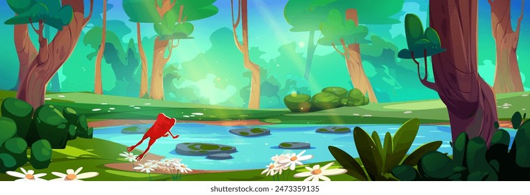 Red frog back view jump near lake in forest with green trees, bushes and grass. Cartoon vector amphibian animal character leap in woodland with greenery pond with blue water on summer or spring day.