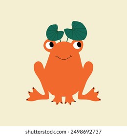 Red frog and water lily hand drawn vector illustration. Isolated anuran character in flat style for kids poster or icon.