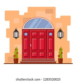 Red front door with an arch and two pots with plants. Vector building element. Cartoon house illustration