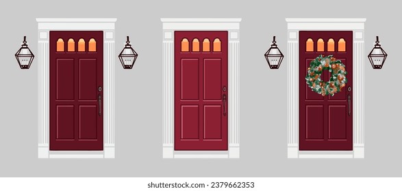 puerta roja puerta delantera art deco, puerta alta, vector, patrón plano, puerta con corona, alta decoración, bien decorada, puerta delantera roja con dos lámparas encima de ella,