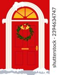 Red front door with Christmas decorations with a Christmas tree wreath. Background. Illustration vector