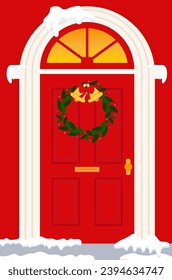 Red front door with Christmas decorations with a Christmas tree wreath. Background. Illustration vector