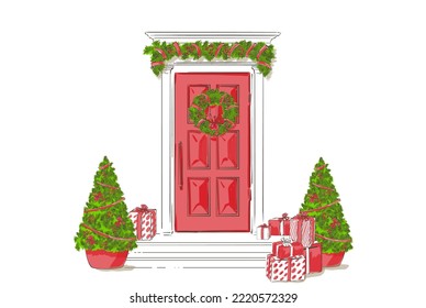 Red front door with Christmas trees gifts and decorations. Vector classic door, house exterior. Line hand drawn isolated entrance sketch