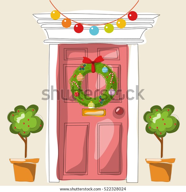 Red Front Door Holiday Wreath Christmas Stock Vector Royalty Free
