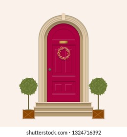 Red front door of house with pot plants. Vector illustration