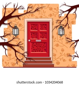 Red front door on the brick wall with floral ornament, lights and dark branches in front of it. Vector building element. Cartoon house illustration. Cute cosy entry
