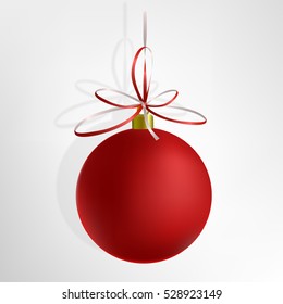 Red frosted Christmas ball with ribbon and a bow. Without picture. Vector illustration. Isolated.