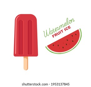 Hielo de fruta roja. Popsicle de sandía sobre un palo. Letras e imagen