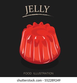 Red fruit jelly pudding vector illustrator for banner isolated on black background. Sweets, Dessert flat style