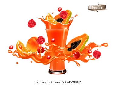 Ola de jugo de fruta roja. Fresa entera y rebanada, frambuesa, cereza, papaya, naranja en una ola de jarabe dulce con salpicaduras y vidrio con zumo aislado en un fondo transparente. 3 D. Vector.