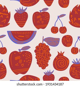 Red Fruit Seamless Pattern. Cute Fresh Fruits: Strawberry, Dragon Fruit, Watermelon, Grape, Apple, Tomato, Cherry Etc. Design For Print Screen Backdrop ,Fabric And Tile Wallpaper. Cartoon Fruits