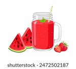 Red fruit smoothie with watermelon and strawberry. Healthy drink in glass mason jar. Vector cartoon illustration