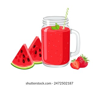 Batido de frutas rojas con sandía y fresa. Bebida saludable en frasco de vidrio de albañil. Vector ilustración de dibujos animados