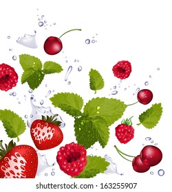  Red fruit and splash of water on white background 
