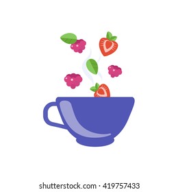 Red Fruit Tea In Blue Cup Flat Bright Color Simplified Vector Drawing On White Background