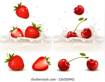 Red fruits falling into the milky splash. Vector illustration