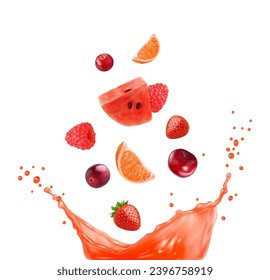 Red fruits juice mix splash of orange, strawberry, raspberry and cherry, watermelon and grapefruit, realistic vector. Fruits and berries falling in citrus juice drink with corona splash for beverage