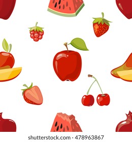 Red fruits seamless pattern over white background. Mango apple and cherry. Vector illustration