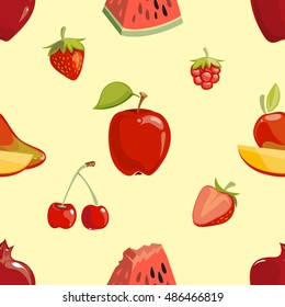 Red fruits seamless pattern over white background. Apple cherry and strawberry. Vector illustration