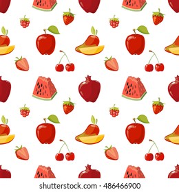 Red fruits seamless pattern over white background. Pomegranate apple and strawberries. Vector illustration
