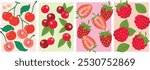 Red Fruits vector illustrations: cherries, cranberries, strawberries and raspberries.