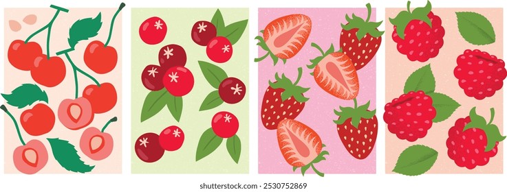 Red Fruits vector illustrations: cherries, cranberries, strawberries and raspberries.