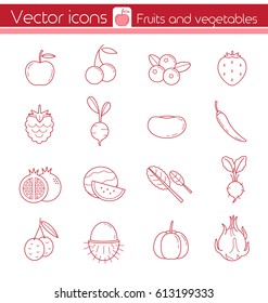 Red fruits and vegetables, Line vector icons, Sign and symbol.