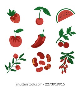Conjunto vectorial de frutas y verduras rojas