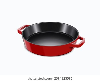 Red frying pan with two handles on a white background. Vector realistic 3d illustration