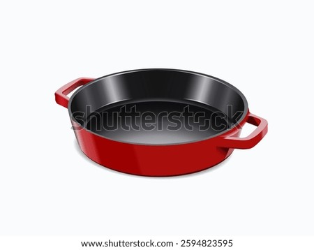 Red frying pan with two handles on a white background. Vector realistic 3d illustration