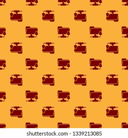 Red FTP folder download icon seamless pattern on brown background. Concept of software update, transfer protocol, router, teamwork tool management, copy process. Flat design. Vector Illustration
