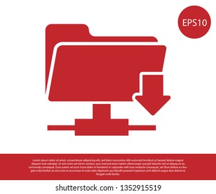 Red FTP folder download icon on white background. Concept of software update, transfer protocol, router, teamwork tool management, copy process. Vector Illustration