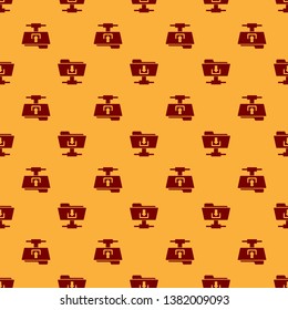 Red FTP folder download icon seamless pattern on brown background. Concept of software update, transfer protocol, router, teamwork tool management, copy process. Flat design. Vector Illustration