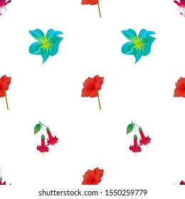 Red Fuchsia. Red Amaryllis. Green Plumeria. Red Angel Trumpet. Vector illustration. Seamless background pattern. Floral botanical flower. Wild leaf wildflower isolated. Exotic tropical hawaiian.