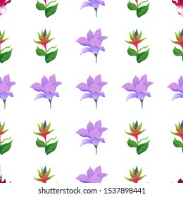 Red Fuchsia. Green bird of paradise. Purple Magnolia. Vector illustration. Seamless background pattern. Floral botanical flower. Wild leaf wildflower isolated. Exotic tropical hawaiian jungle.