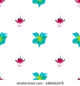 Red Fuchsia. Green Plumeria. Vector illustration. Seamless background pattern. Floral botanical flower. Wild leaf wildflower isolated. Exotic tropical hawaiian jungle. Fabric wallpaper print texture.